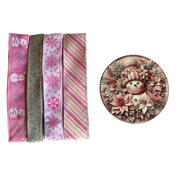 Blush Pink Snowman Wreath Kit | Winter Ribbon & Sign Craft Bundle DIY Decor - Picture 4 of 5